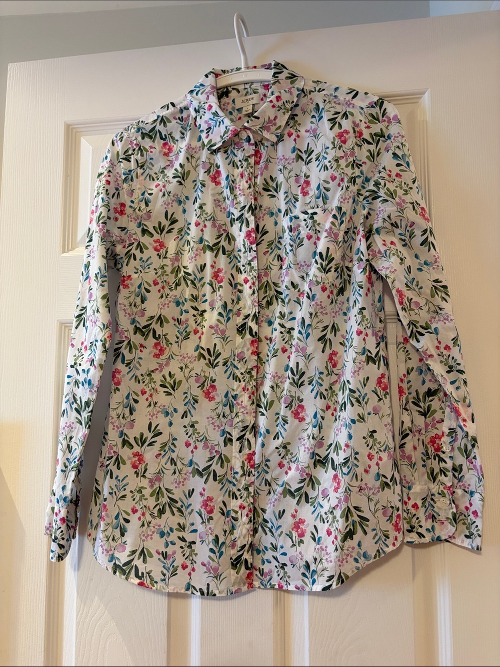 J. Crew Button-Up Shirt, White with Pink & Green Floral Print